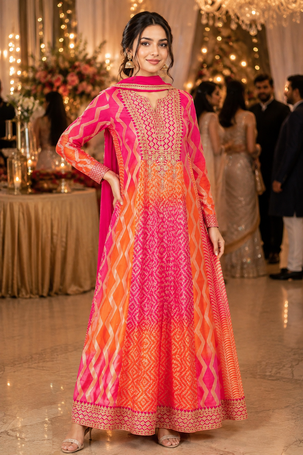 Women's Pleated Chinon A-Line Flared Dress with Dupatta