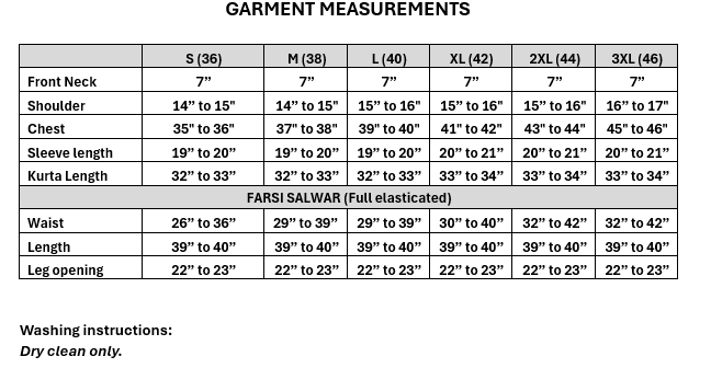 Size guide for Women’s Purple mul silk farsi Salwar Set from S to 3XL