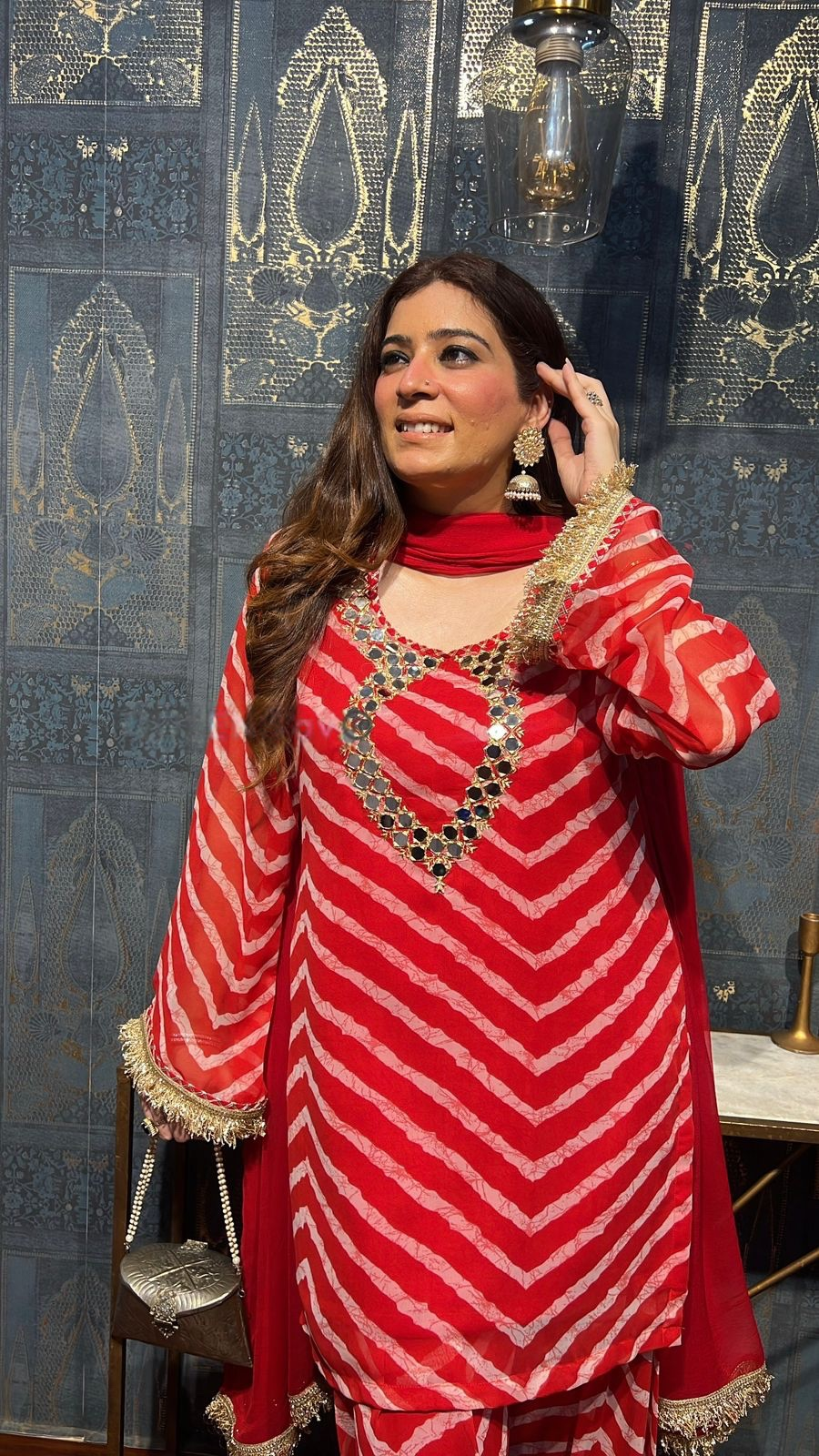 Women's Red Leheriya printed georgette Farsi salwar set