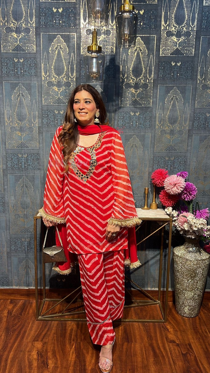 Women's Red Leheriya printed georgette Farsi salwar set