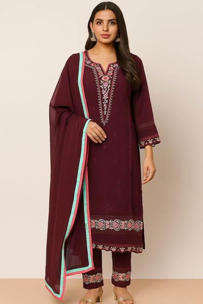 Women's wine georgette kurta set in L