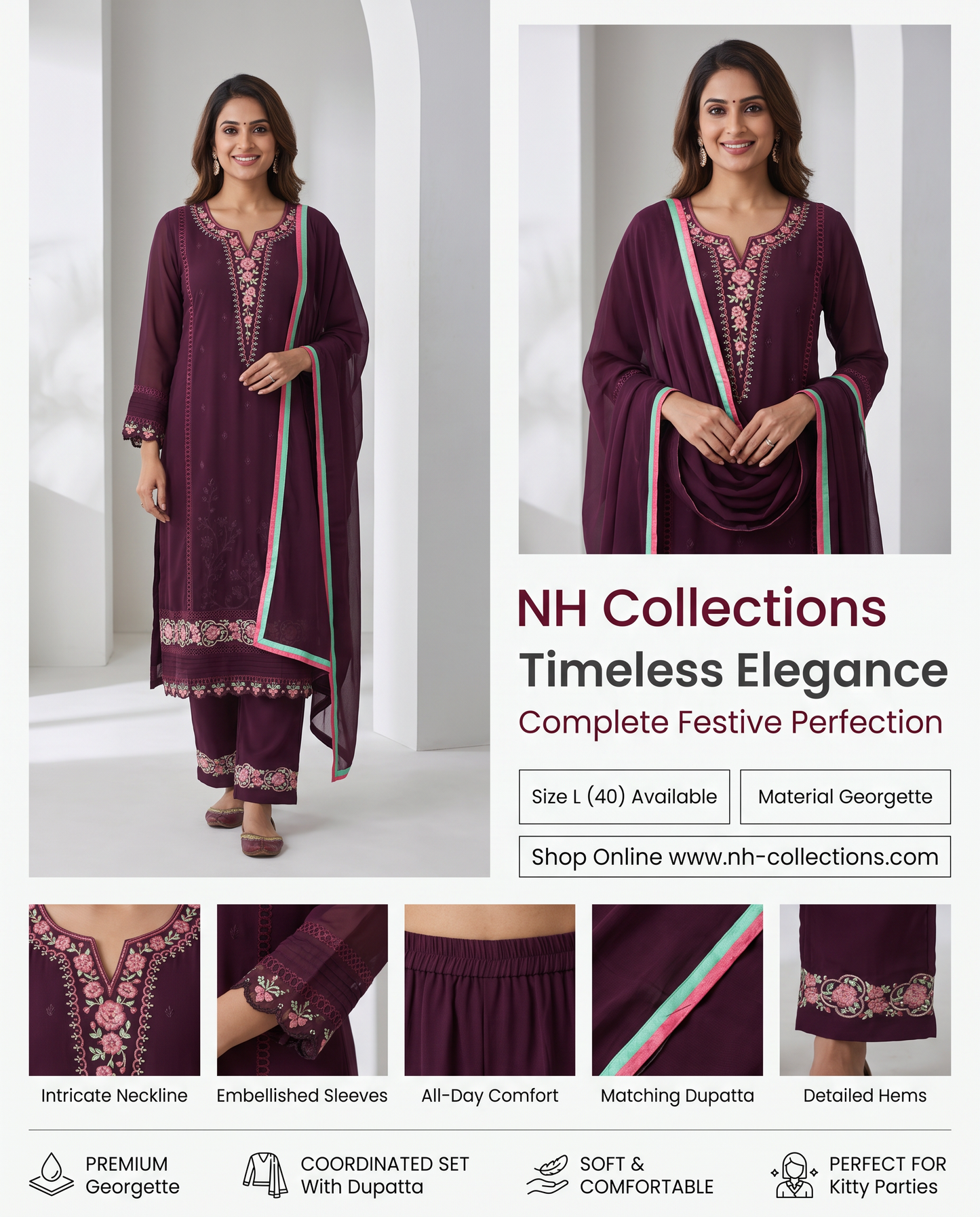 Women's wine georgette kurta set in L - close-up product detail