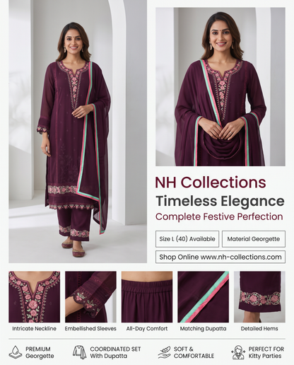 Women's wine georgette kurta set in L - close-up product detail