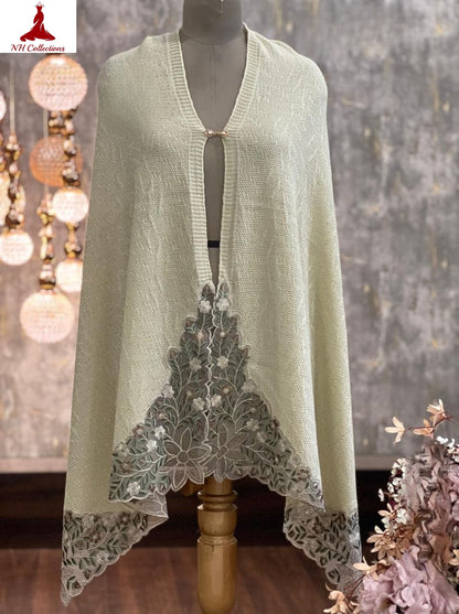 Women's knitted Stole cum cape Style 1 - embroidery and fabric detail