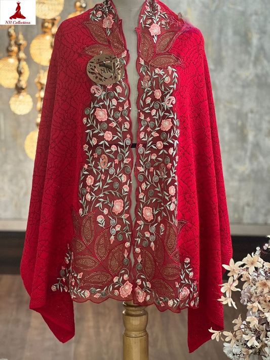 Women’s knitted cape style shawl with embroidered net appliqué & Swarovski accents