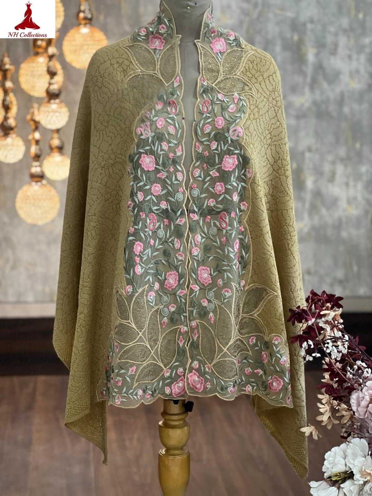 Women’s knitted cape style shawl with embroidered net appliqué & Swarovski accents - embroidery and fabric detail