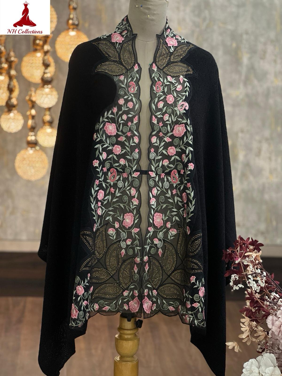 Women’s knitted cape style shawl with embroidered net appliqué & Swarovski accents - detail view