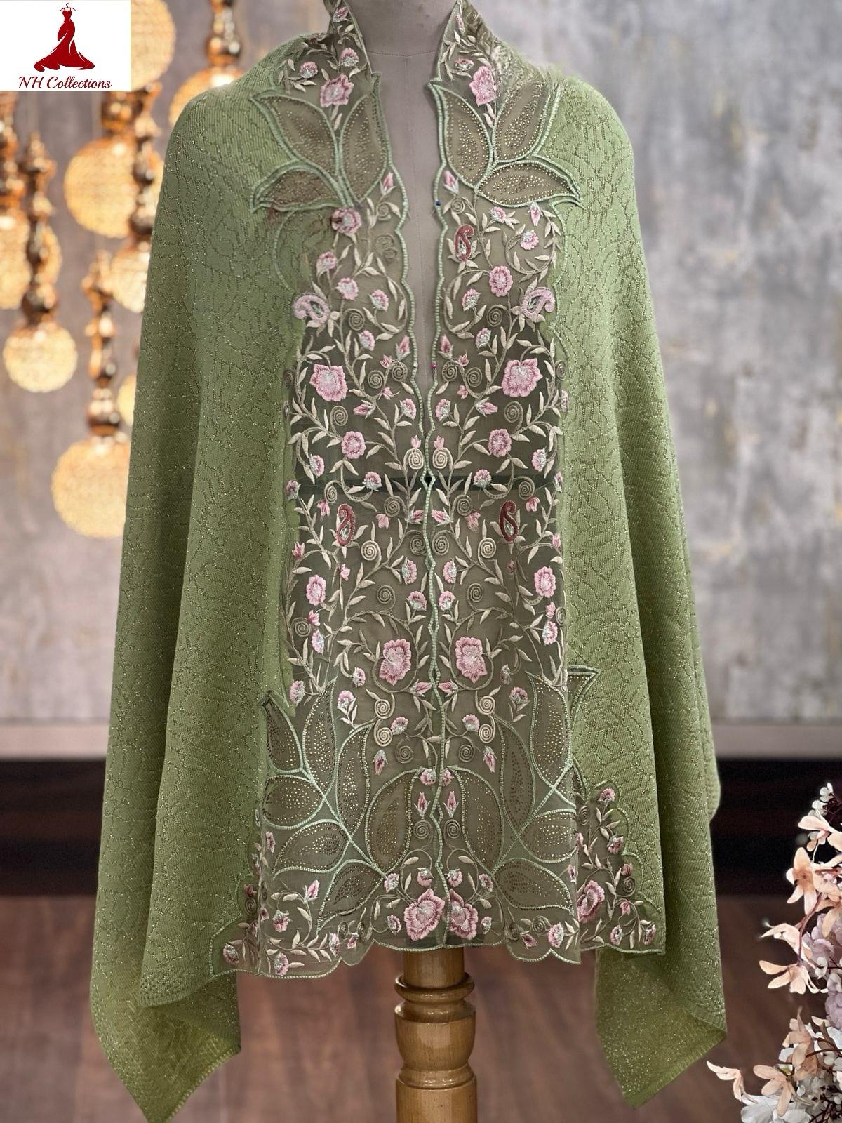 Women’s knitted cape style shawl with embroidered net appliqué & Swarovski accents - sleeve and design detail