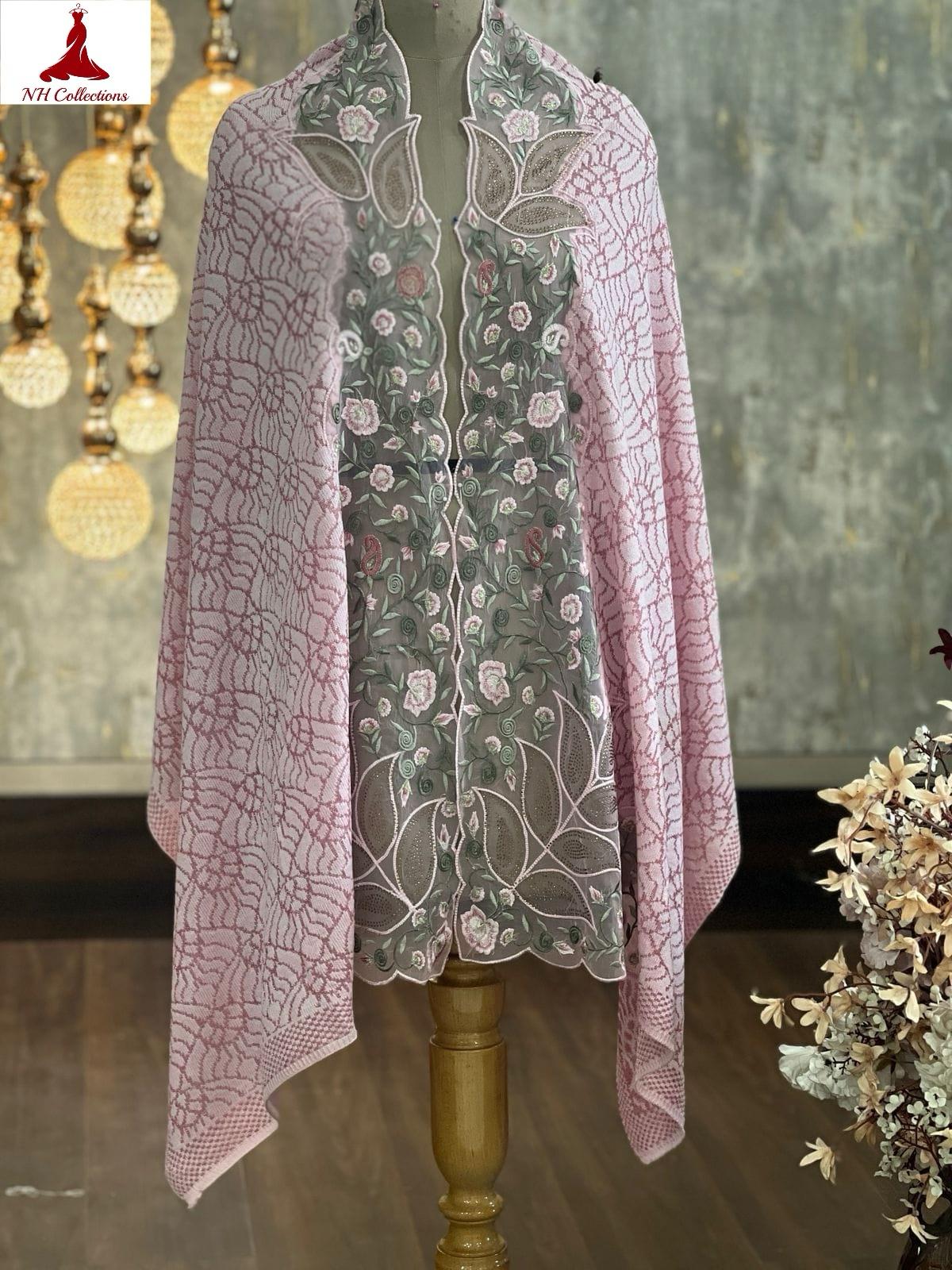 Women’s knitted cape style shawl with embroidered net appliqué & Swarovski accents - additional product view