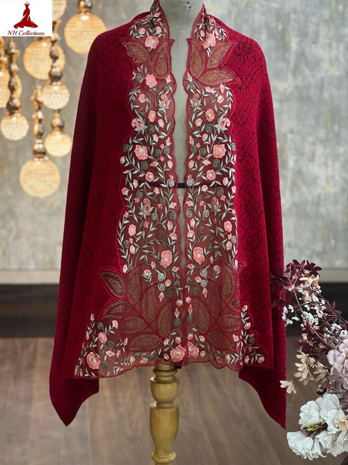 Women’s knitted cape style shawl with embroidered net appliqué & Swarovski accents - close-up product detail
