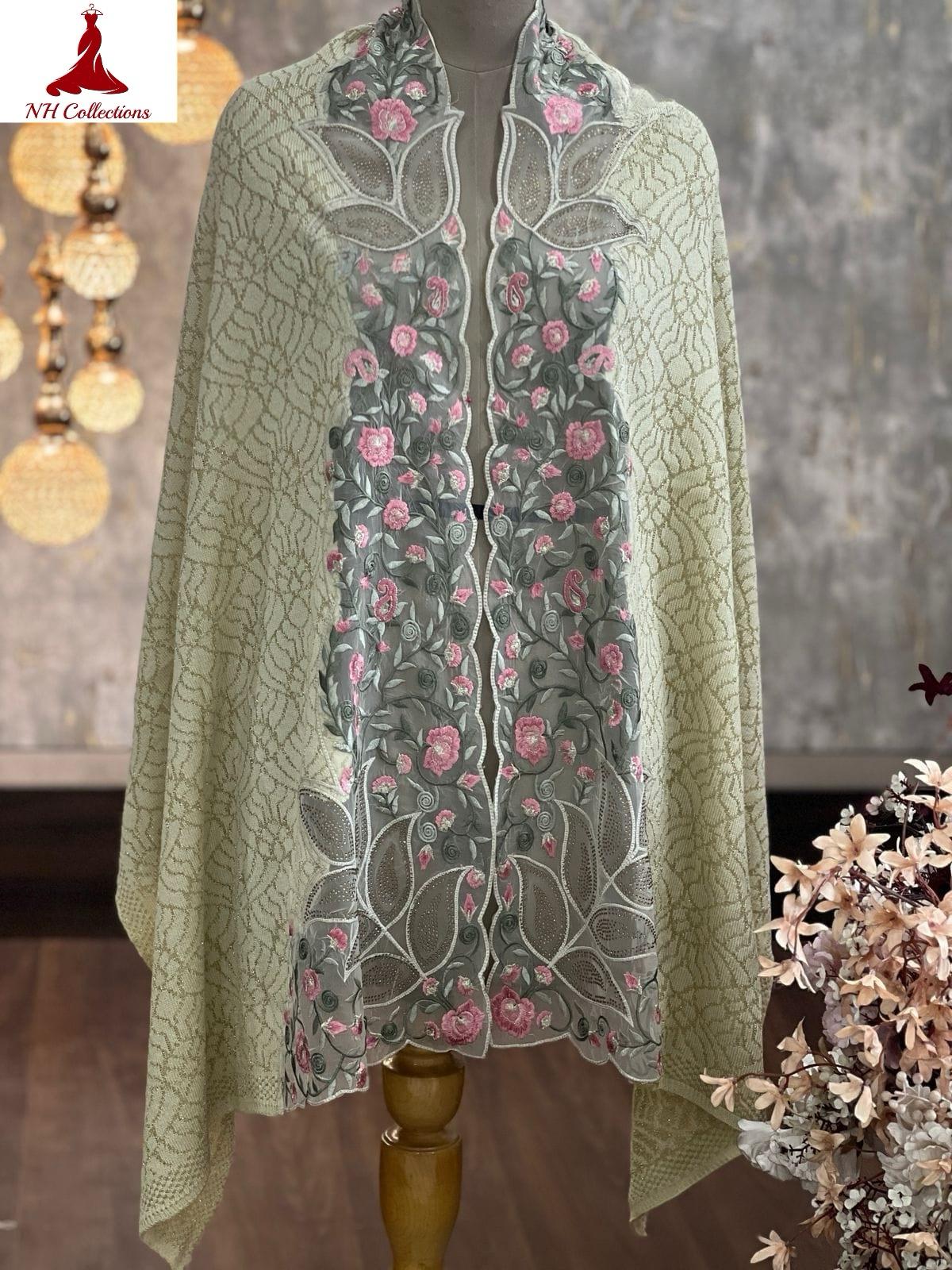 Women’s knitted cape style shawl with embroidered net appliqué & Swarovski accents - product image 7