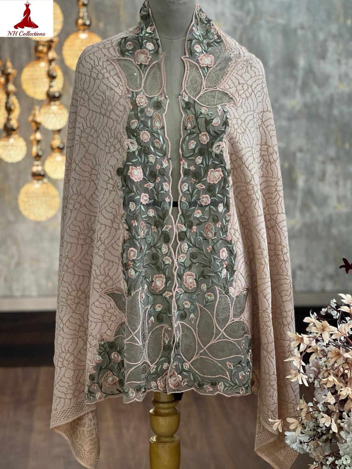 Women’s knitted cape style shawl with embroidered net appliqué & Swarovski accents - product image 10
