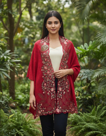 Women’s knitted cape style shawl with embroidered net appliqué & Swarovski accents