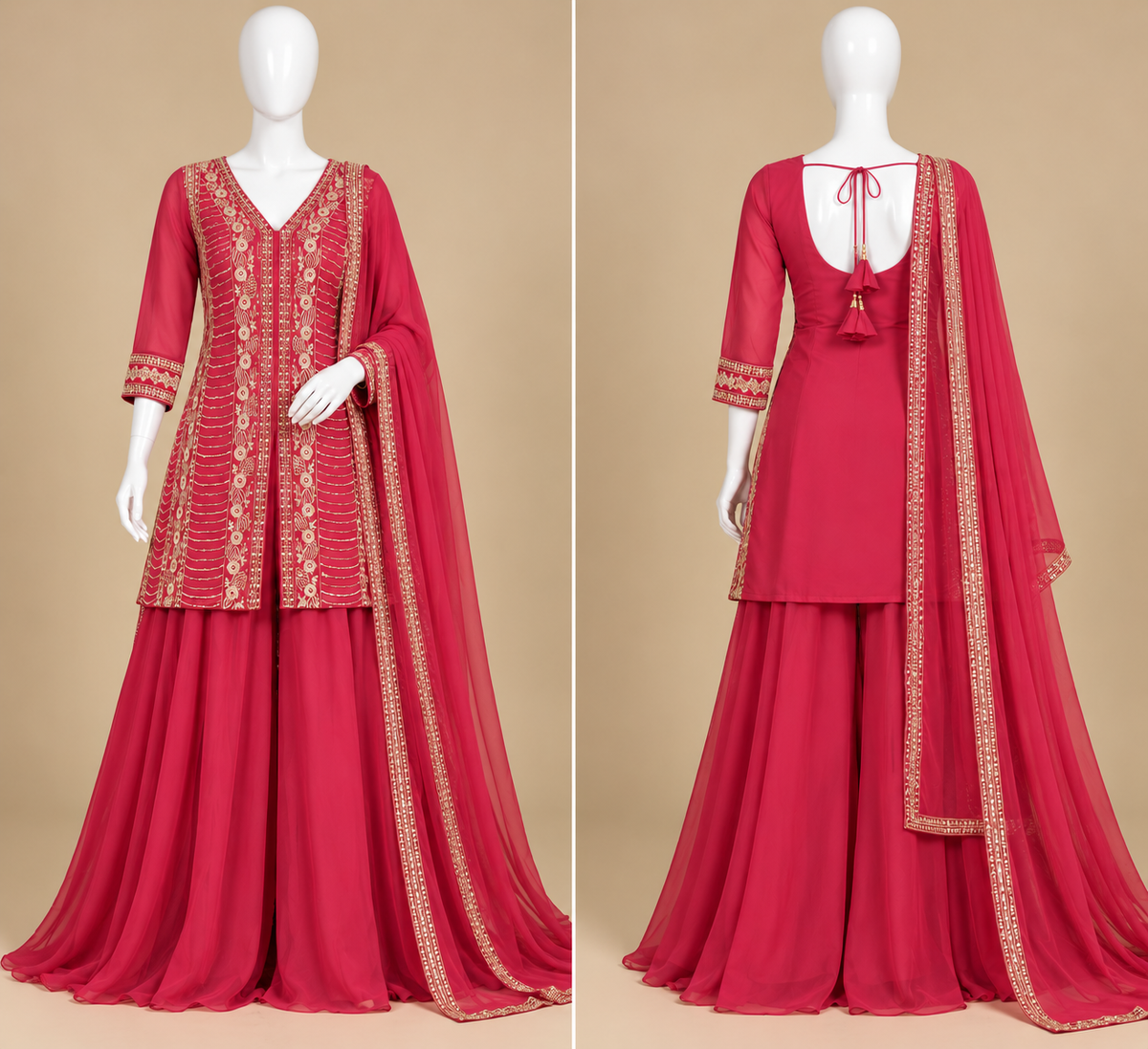 Women's Tomato Red Shimmer Silk Pallazo Set in M, XL & 2XL