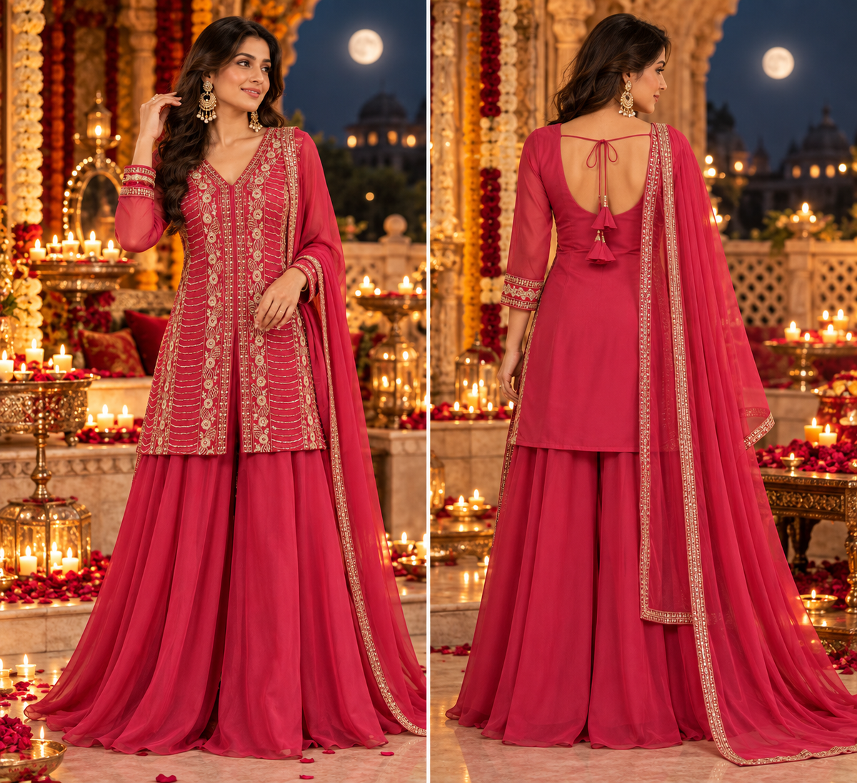 Women's Tomato Red Shimmer Silk Pallazo Set in M, XL & 2XL