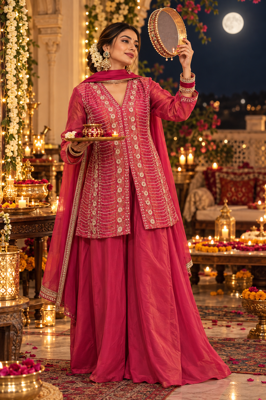 Women's Tomato Red Shimmer Silk Pallazo Set in M, XL & 2XL
