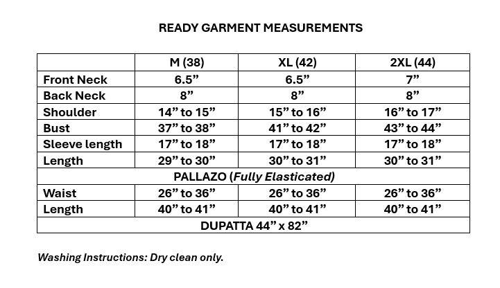 Size guide for Women's Tomato Red Shimmer Silk Pallazo Set in M, XL & 2XL