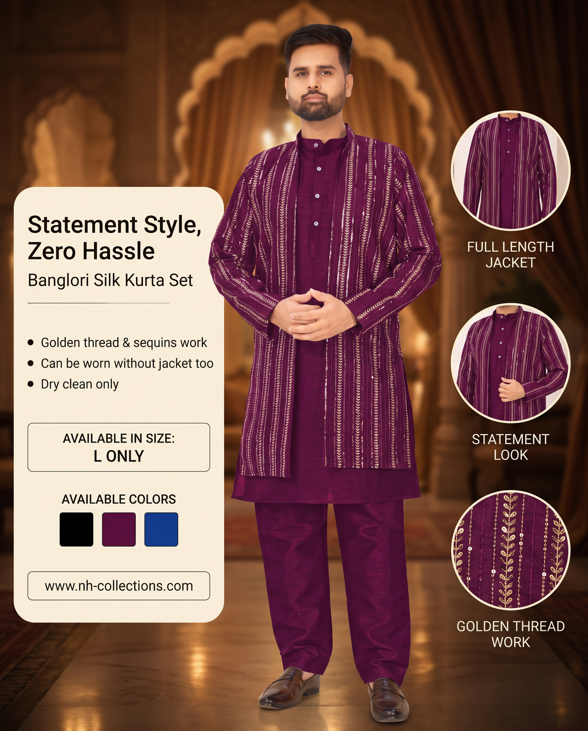 Men's full length jacket kurta set in L - additional product view