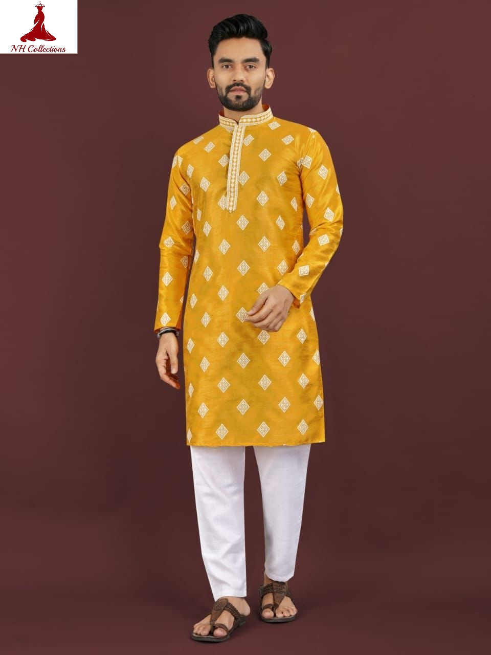 Men’s yellow embroidered silk kurta with white churidar in M
