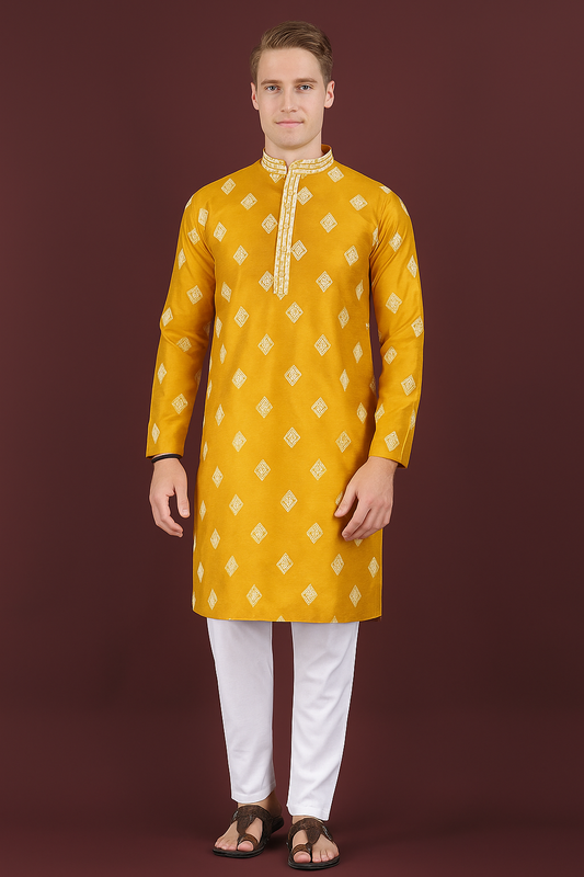 Men’s yellow embroidered silk kurta with white churidar in M