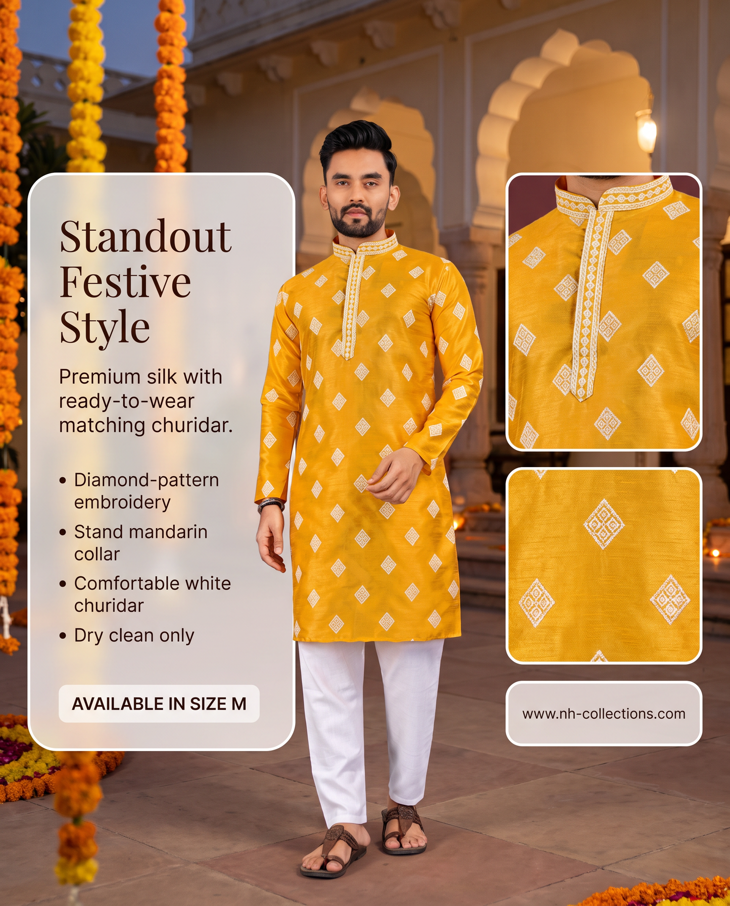 Men’s yellow embroidered silk kurta with white churidar in M - sleeve and design detail