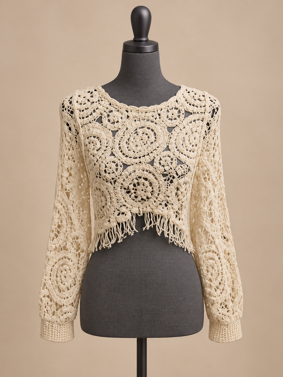 Women's Ivory Crochet Pullover Shrug with Fringe
