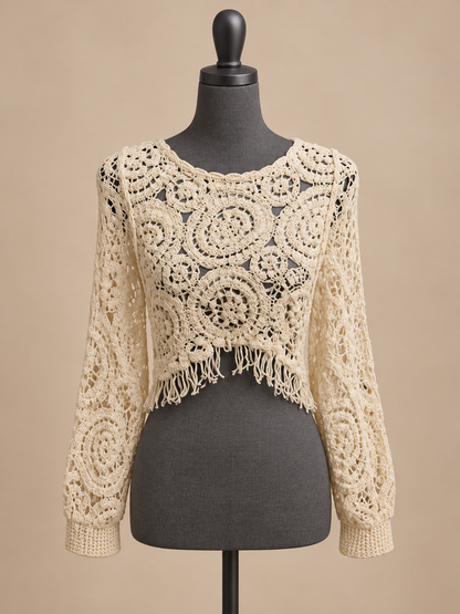 Women's Ivory Crochet Pullover Shrug with Fringe