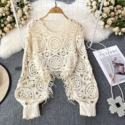 Women's Ivory Crochet Pullover Shrug with Fringe