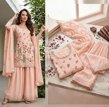 Women's Embroidered chinon palazzo sets in pastel shades (L, XL, 2XL)