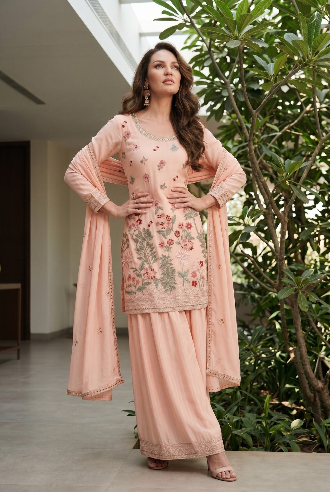 Women's Embroidered chinon palazzo sets in pastel shades (L, XL, 2XL)