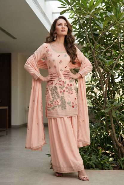 Women's Embroidered chinon palazzo sets in pastel shades (L, XL, 2XL)