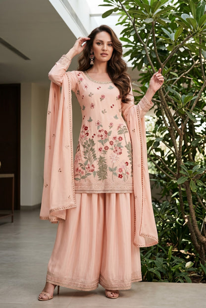Women's Embroidered chinon palazzo sets in pastel shades (L, XL, 2XL)