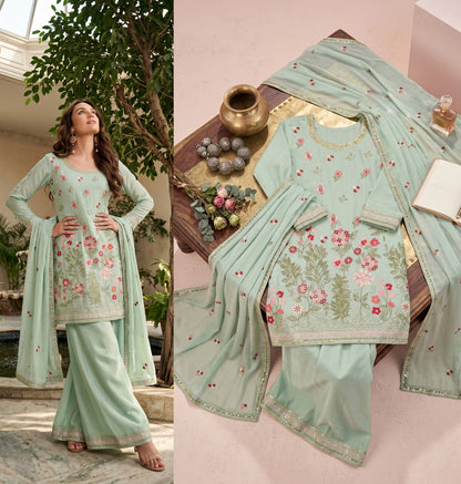 Women's Embroidered chinon palazzo sets in pastel shades (L, XL, 2XL)