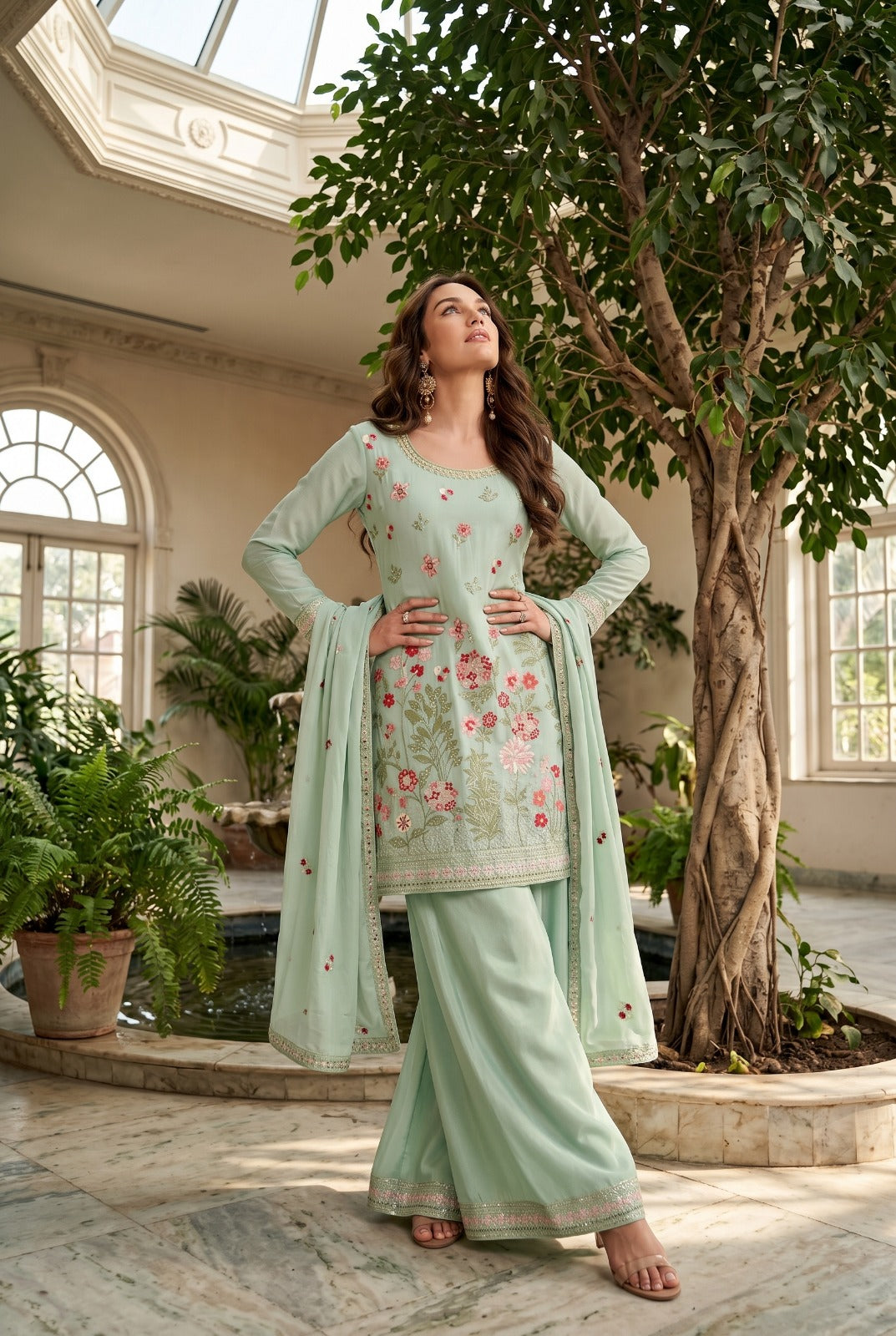Women's Embroidered chinon palazzo sets in pastel shades (L, XL, 2XL)