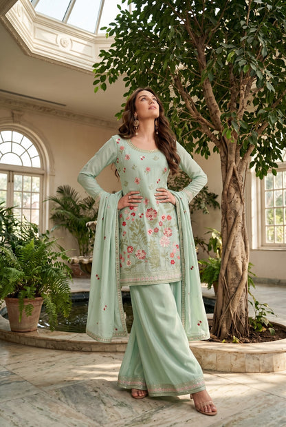 Women's Embroidered chinon palazzo sets in pastel shades (L, XL, 2XL)