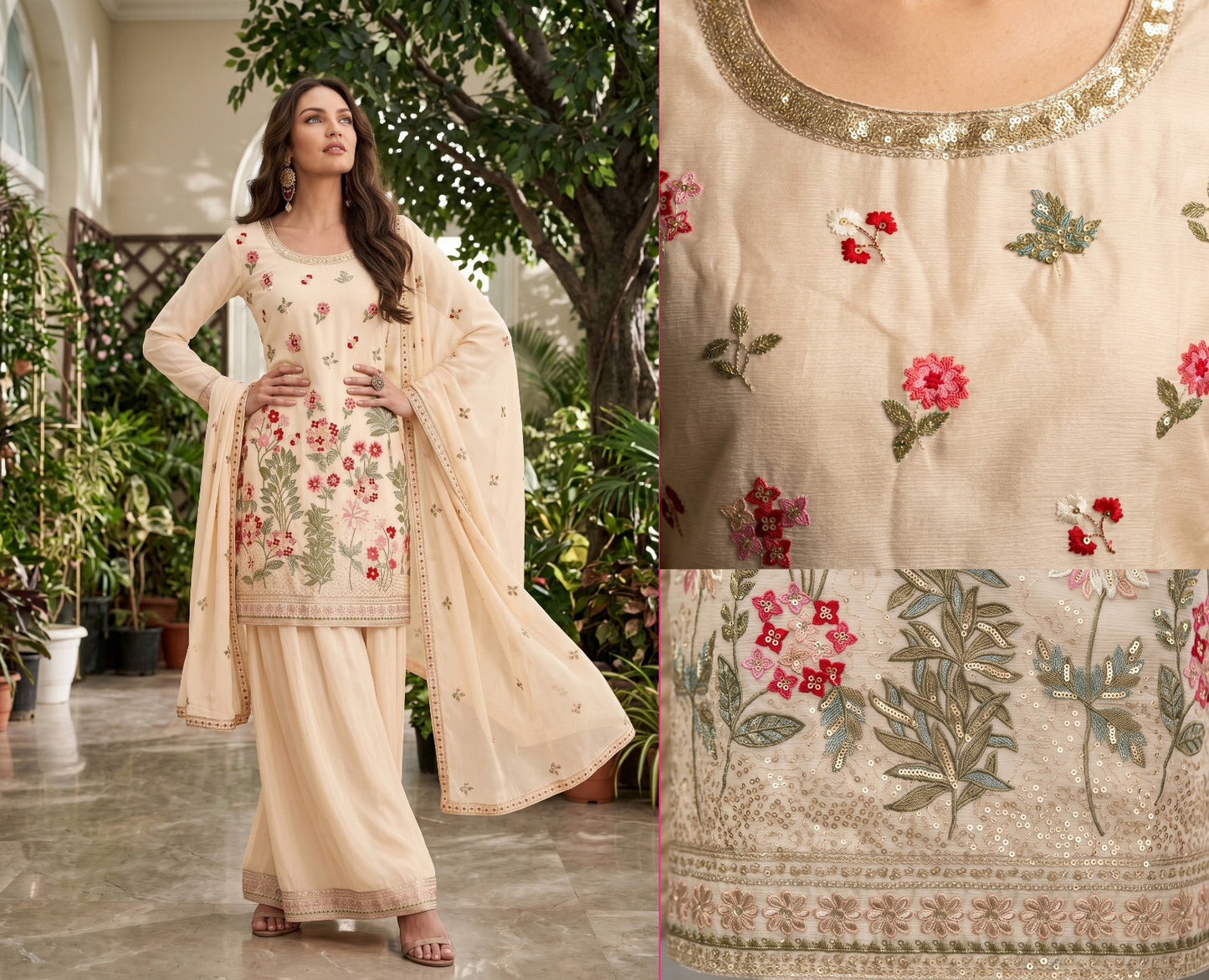 Women's Embroidered chinon palazzo sets in pastel shades (L, XL, 2XL)