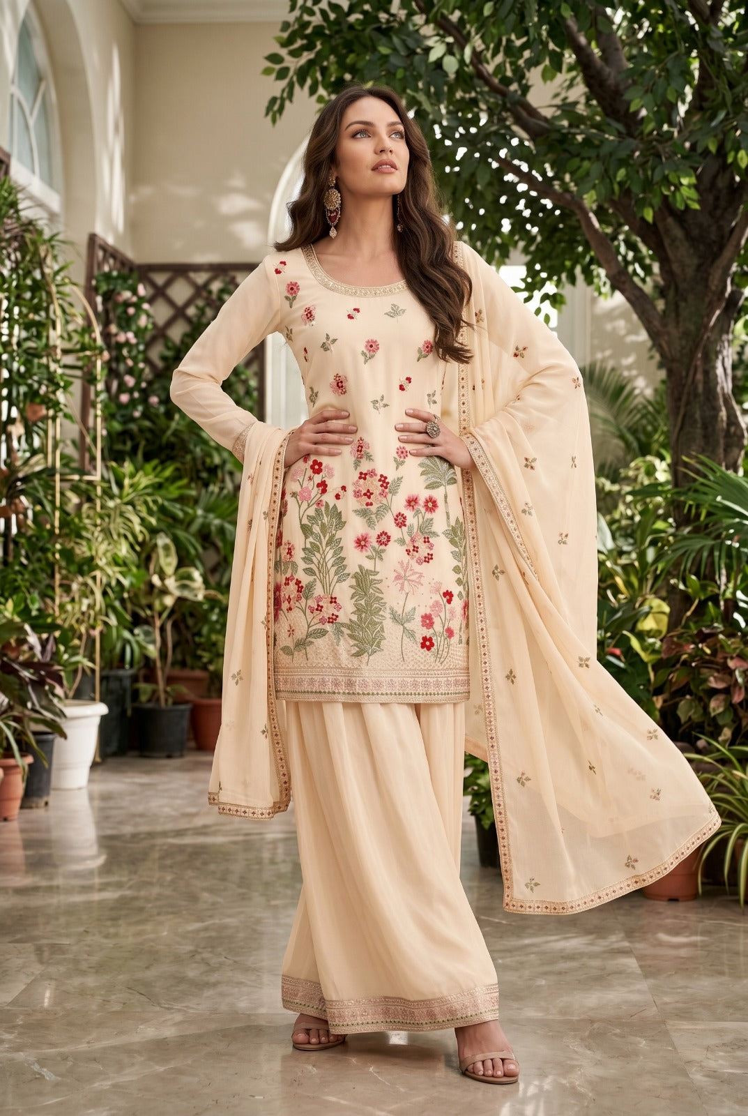 Women's Embroidered chinon palazzo sets in pastel shades (L, XL, 2XL)