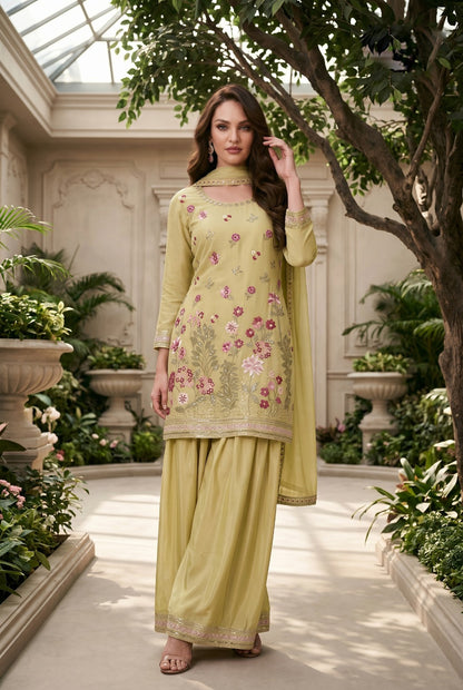 Women's Embroidered chinon palazzo sets in pastel shades (L, XL, 2XL)