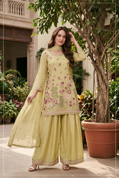 Women's Embroidered chinon palazzo sets in pastel shades (L, XL, 2XL)