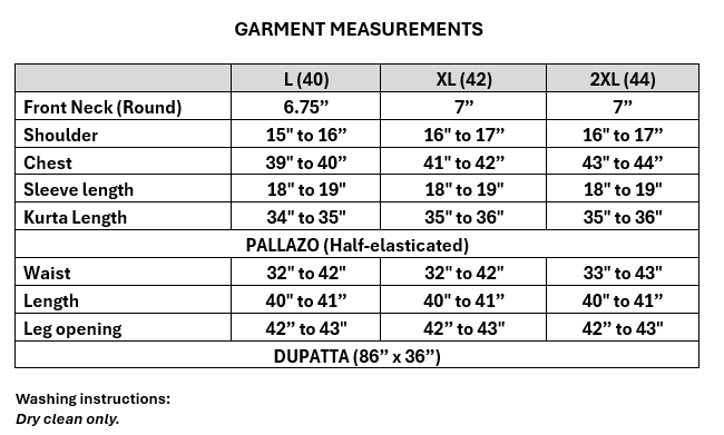 Size guide for Women's Embroidered chinon palazzo sets in pastel shades (L, XL, 2XL)