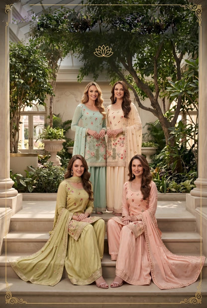Women's Embroidered chinon palazzo sets in pastel shades (L, XL, 2XL)