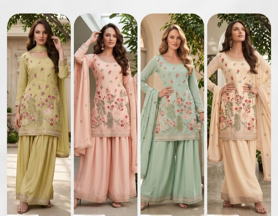 Women's Embroidered chinon palazzo sets in pastel shades (L, XL, 2XL)