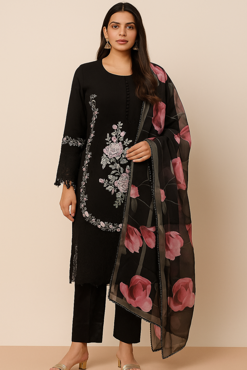 Women's black georgette pakistani kurta set in M