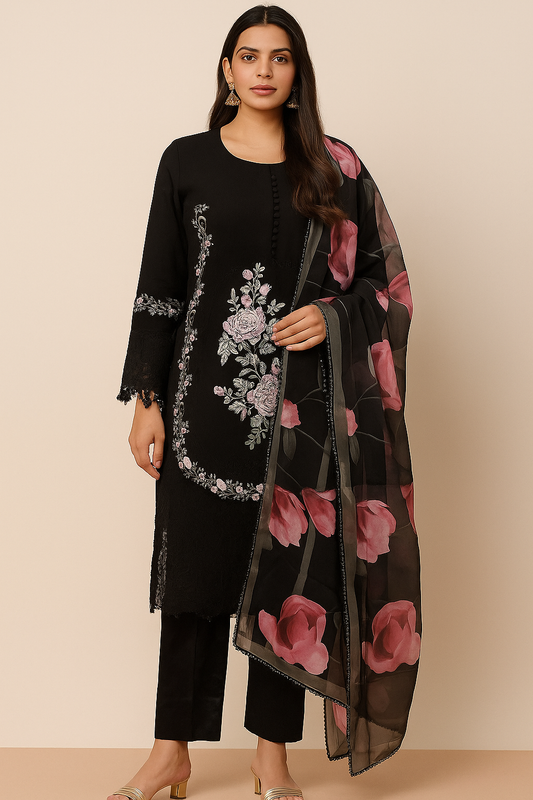 Women's black georgette pakistani kurta set in M