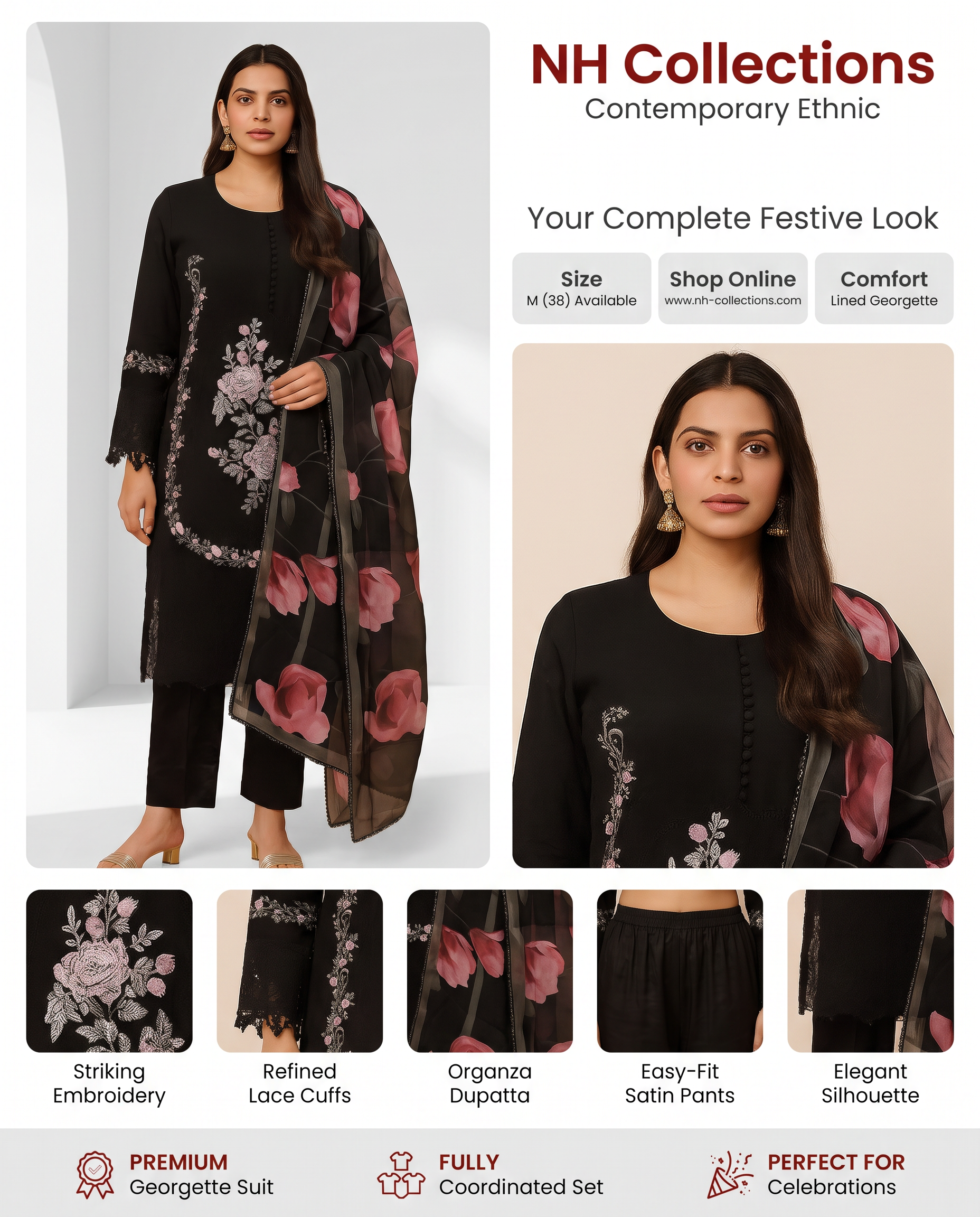 Women's black georgette pakistani kurta set in M - product image 7