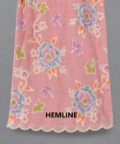 Women's Blush Pink Mul Cotton Appliqué Embroidered Kurta Set in L