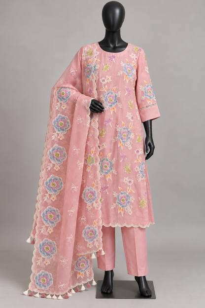 Women's Blush Pink Mul Cotton Appliqué Embroidered Kurta Set in L