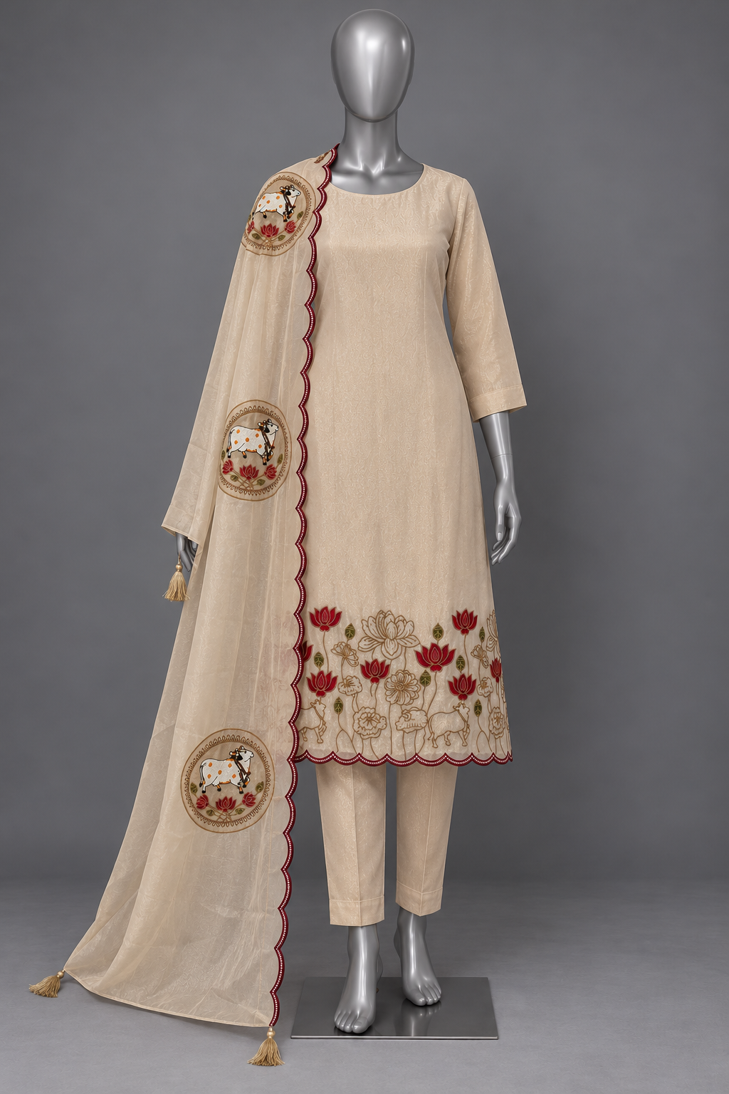 Women's Shimmer Silk Pichwai inspired embroidery Kurta Set in S & M