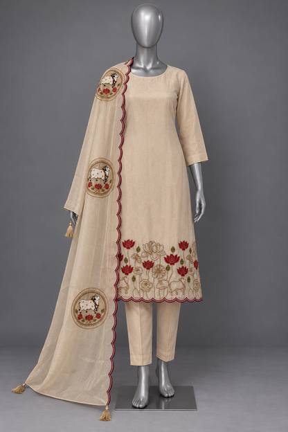Women's Shimmer Silk Pichwai inspired embroidery Kurta Set in S & M