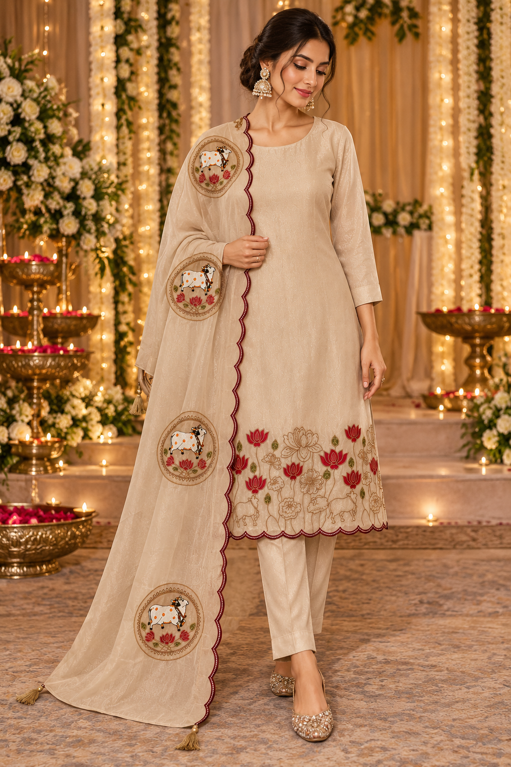 Women's Shimmer Silk Pichwai inspired embroidery Kurta Set in S & M